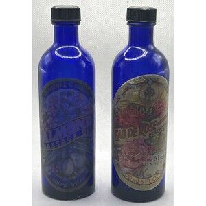 Vintage 1974 Cobalt Crabtree & Evelyn Bottles Eau De Rose & Almond Oil *EMPTY"